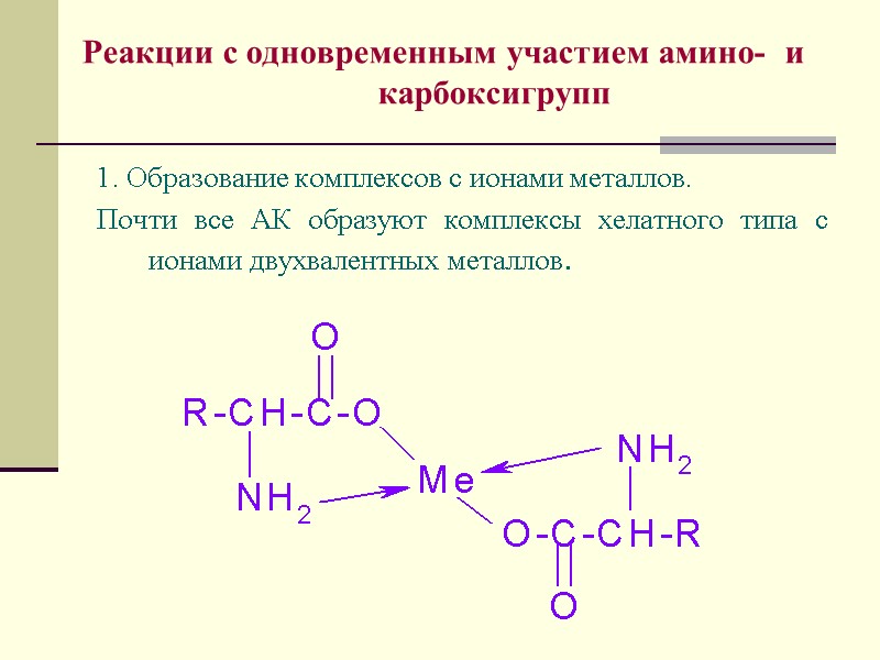 Реакции с одновременным участием амино-  и  карбоксигрупп 1. Образование комплексов с ионами
